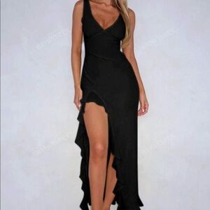 Women's Solid Color V-Neck Ruffle Trim Dress